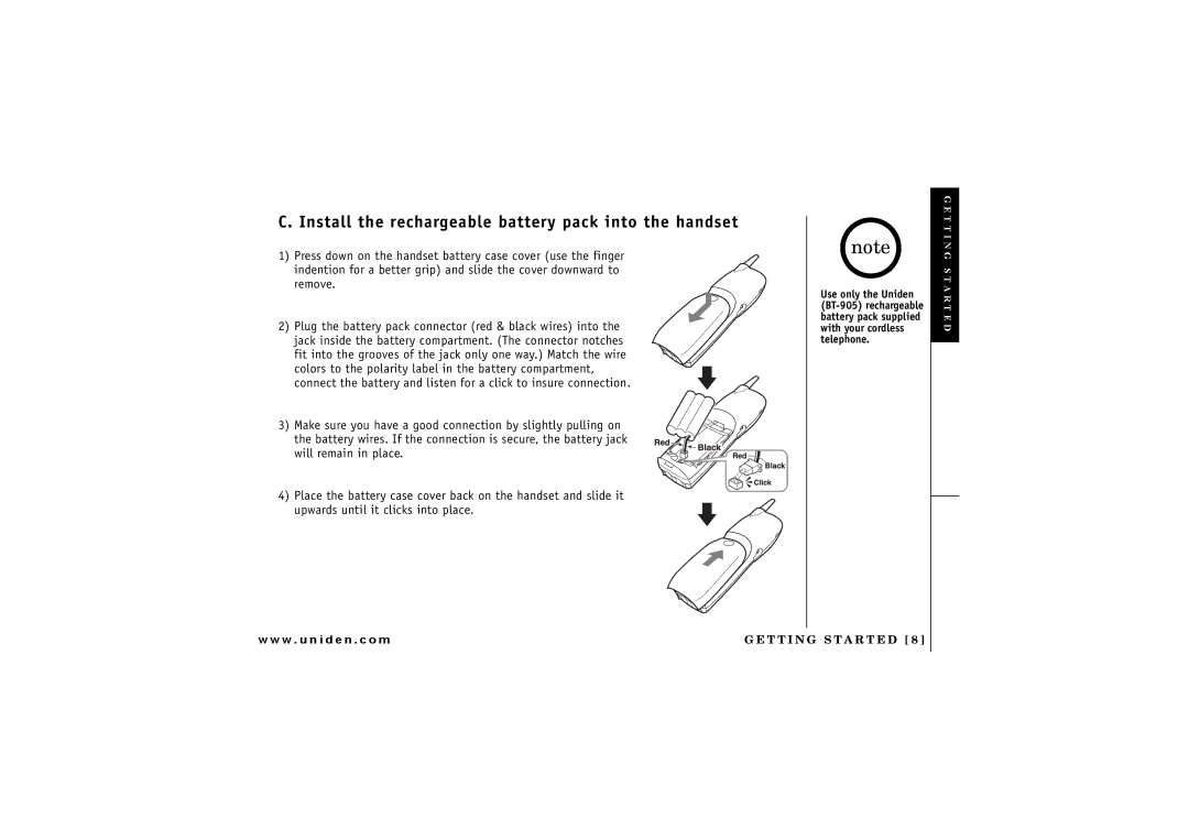 Uniden CXAI 5198 owner manual Install the rechargeable battery pack into the handset 