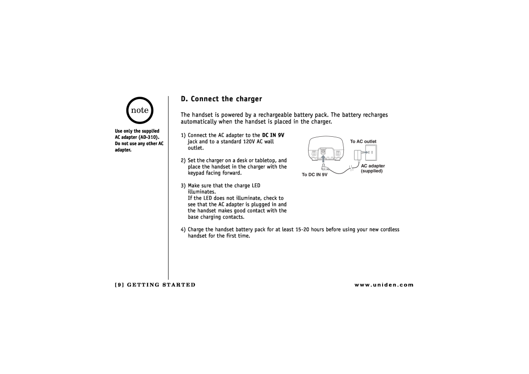 Uniden CXAI 5198 owner manual D. Connect the charger 