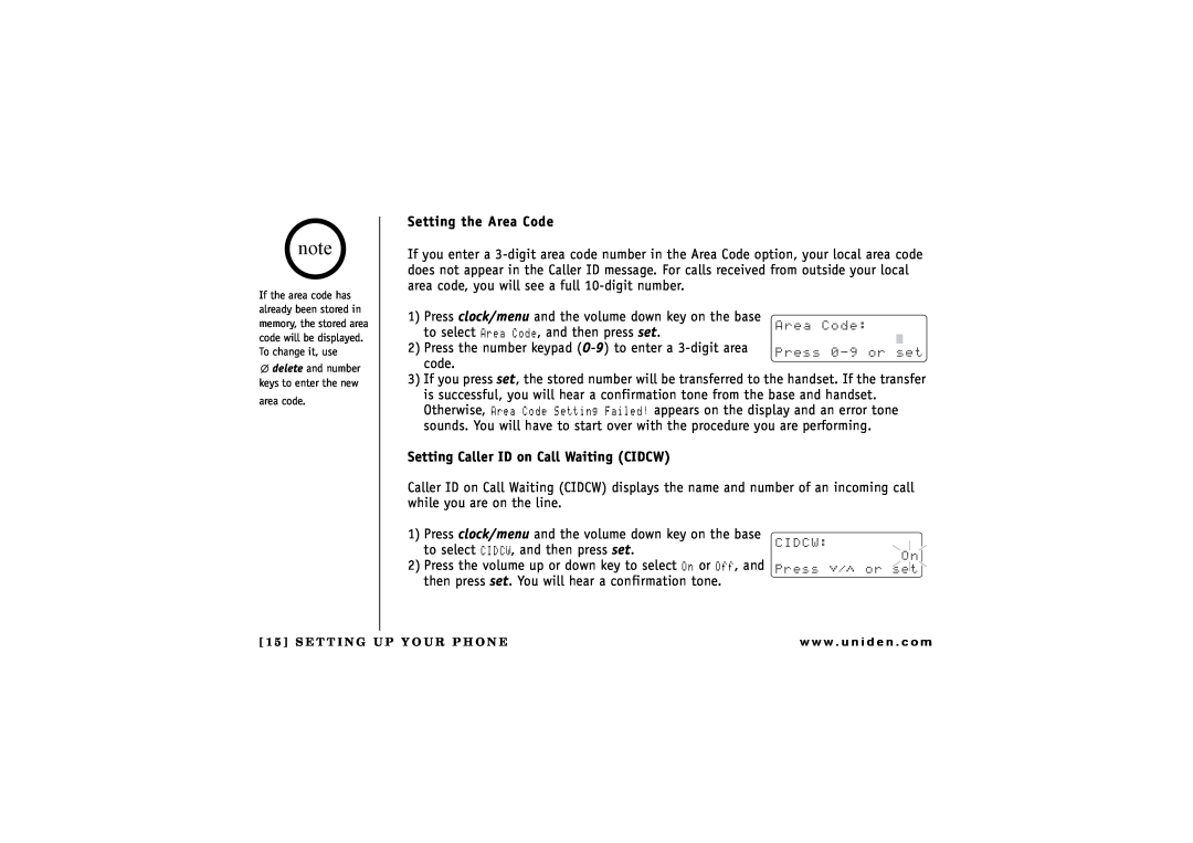 Uniden CXAI 5198 owner manual Setting the Area Code, Setting Caller ID on Call Waiting CIDCW 