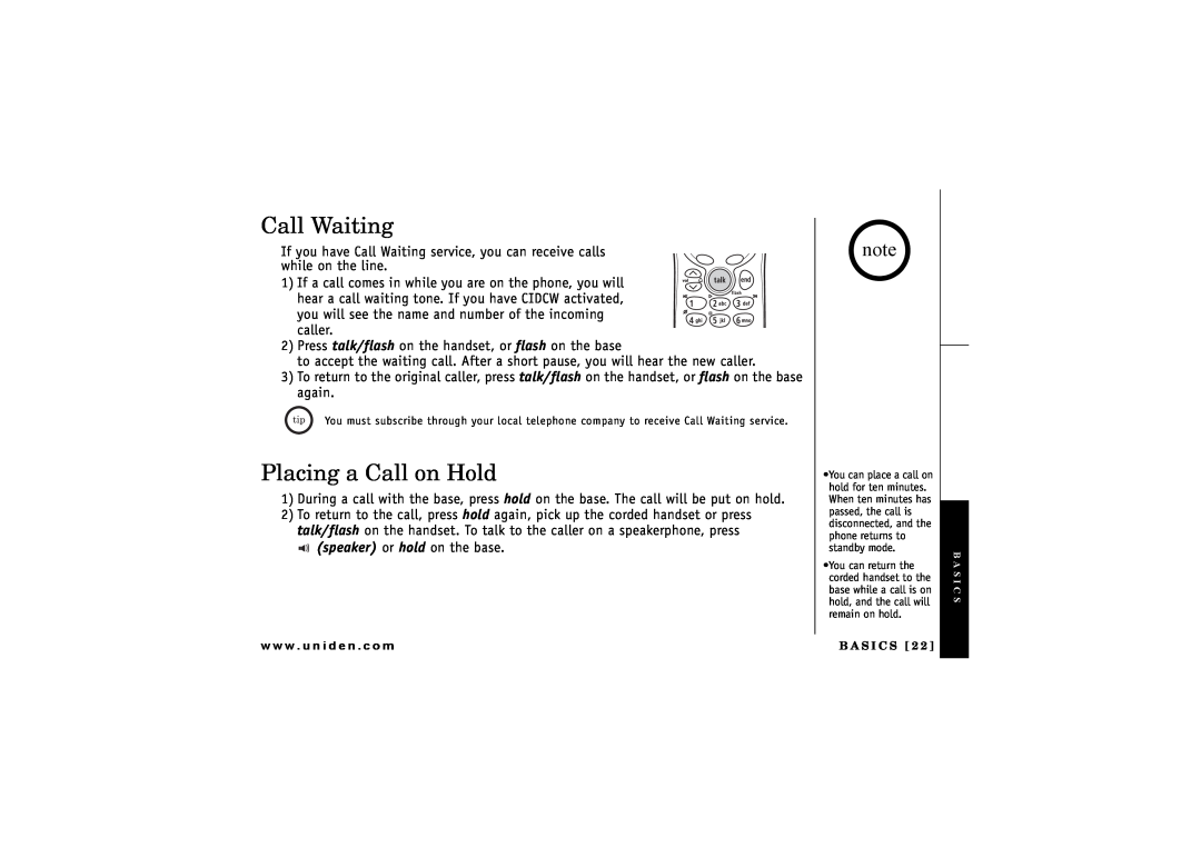 Uniden CXAI 5198 owner manual Call Waiting, Placing a Call on Hold 