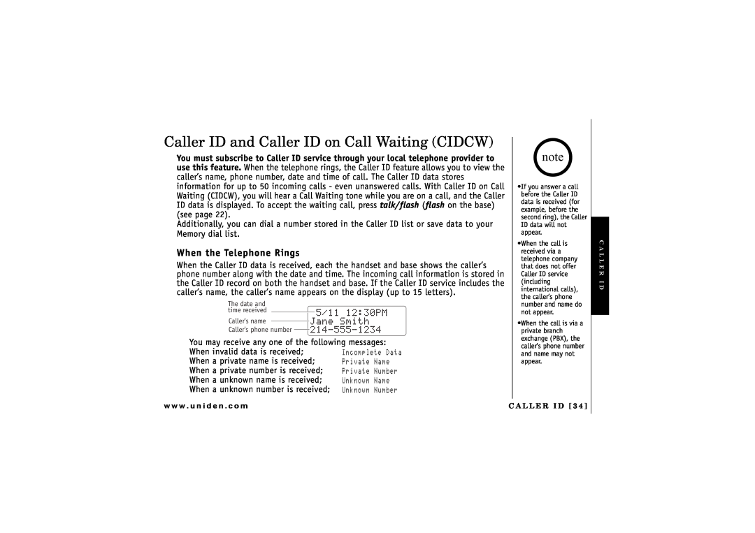 Uniden CXAI 5198 owner manual Caller ID and Caller ID on Call Waiting CIDCW, When the Telephone Rings 