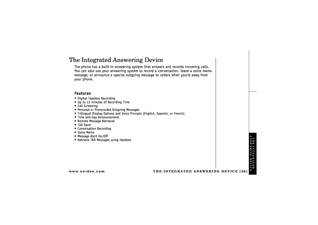 Uniden CXAI 5198 owner manual The Integrated Answering Device, Features 