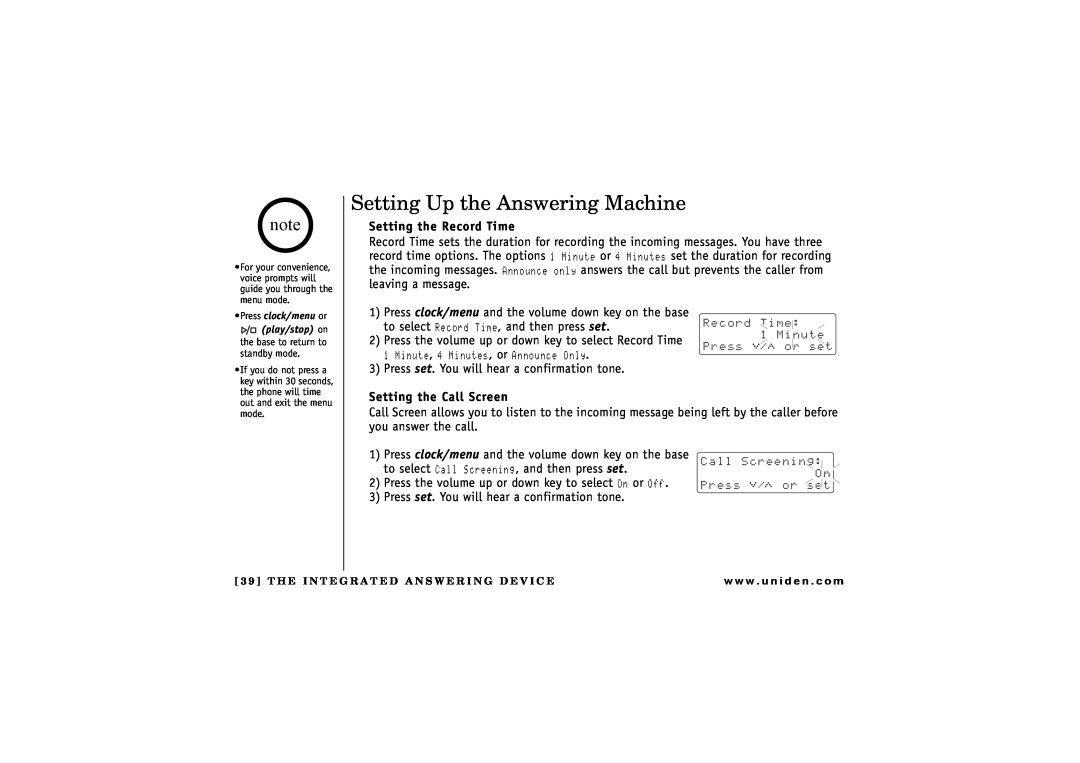 Uniden CXAI 5198 owner manual Setting Up the Answering Machine, Setting the Record Time, Setting the Call Screen 