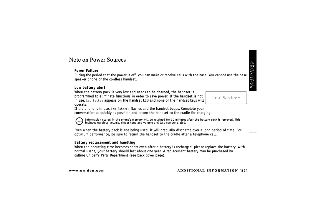 Uniden CXAI 5198 owner manual Note on Power Sources, Power Failure, Low battery alert, Battery replacement and handling 