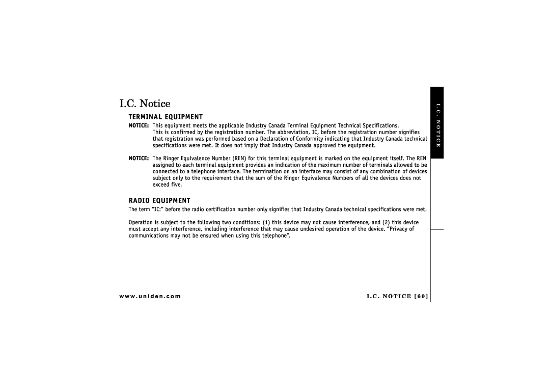 Uniden CXAI 5198 owner manual I.C. Notice, Terminal Equipment, Radio Equipment, w w w . u n i d e n . c o m 