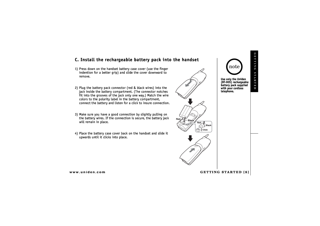 Uniden CXAI 5198 owner manual C. Install the rechargeable battery pack into the handset, w w w . u n i d e n . c o m 