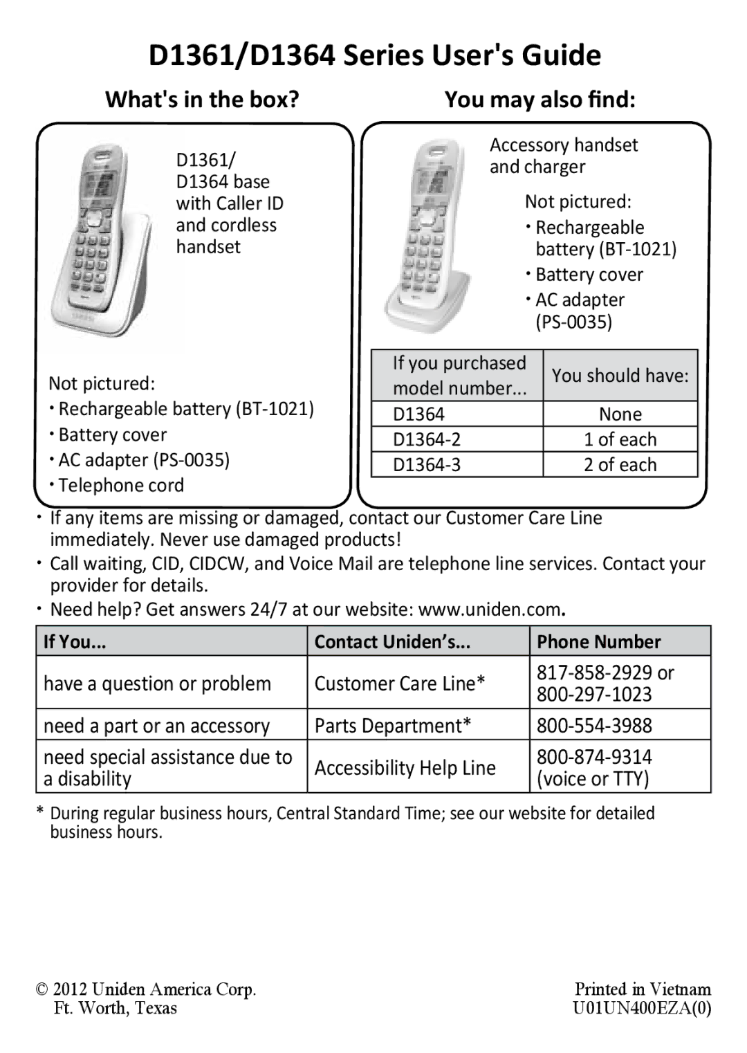 Uniden D1364BK manual D1361/D1364 Series Users Guide, If You Contact Uniden’s Phone Number 