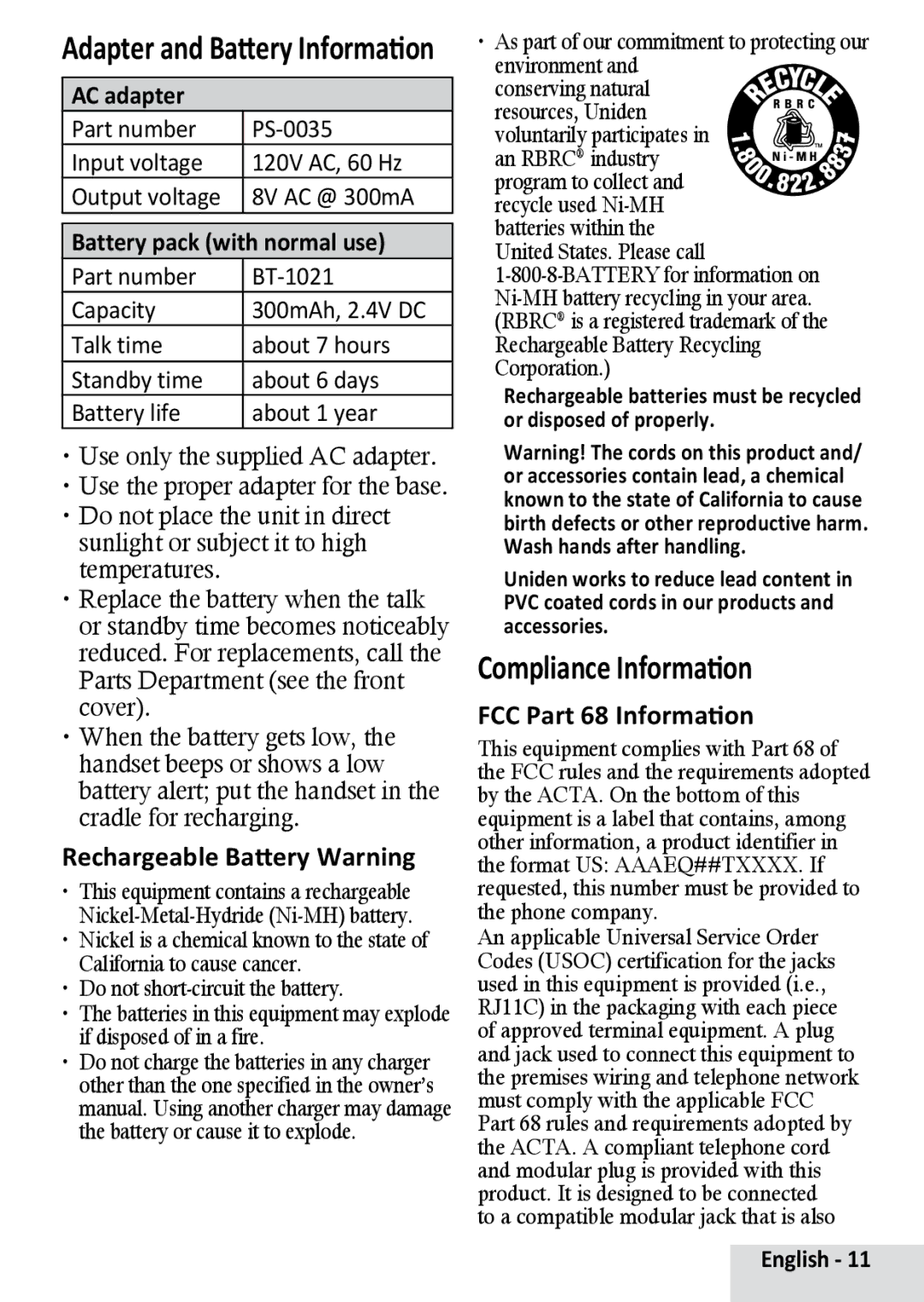 Uniden D1364BK manual Compliance Information, Adapter and Battery Information, Rechargeable Battery Warning 