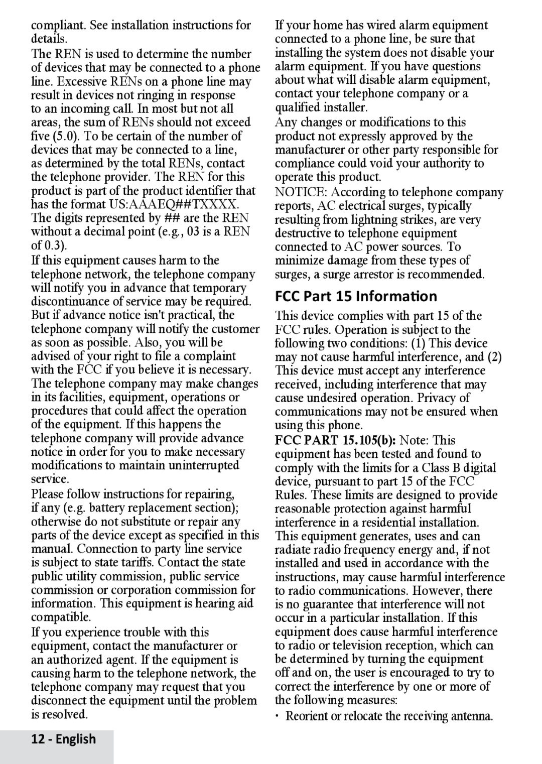 Uniden D1364BK manual FCC Part 15 Information, Compliant. See installation instructions for details 