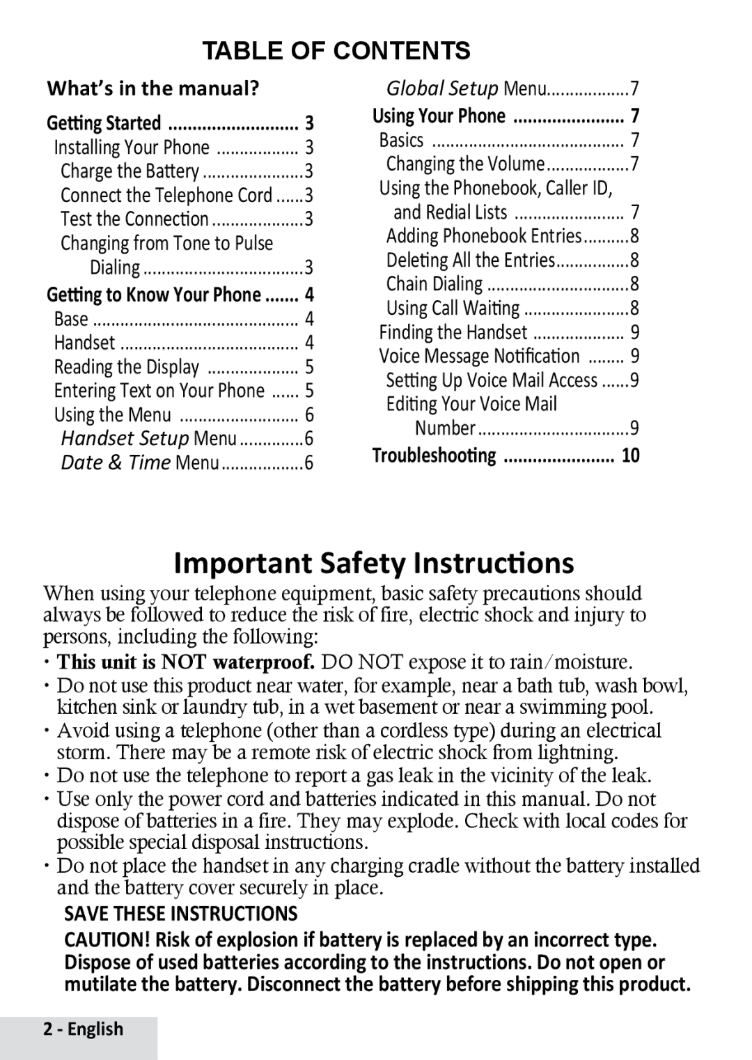 Uniden D1364BK manual Important Safety Instructions, Table of Contents 