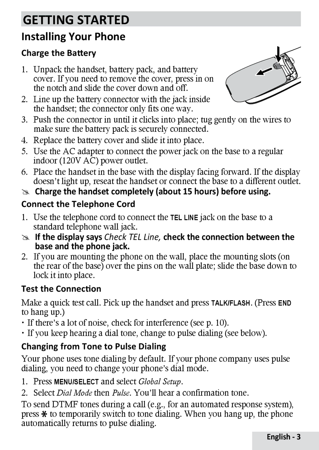 Uniden D1364BK manual Getting Started, Installing Your Phone, Charge the Battery, Test the Connection 