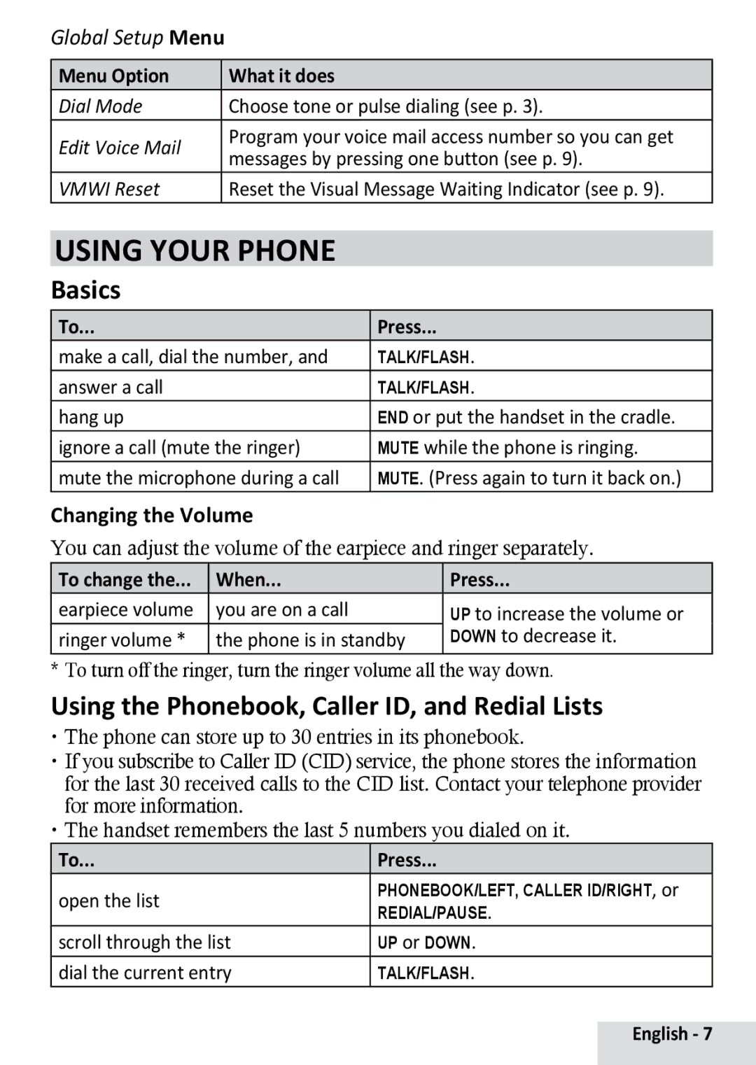 Uniden D1364BK manual Using Your Phone, Basics, Using the Phonebook, Caller ID, and Redial Lists, Changing the Volume 