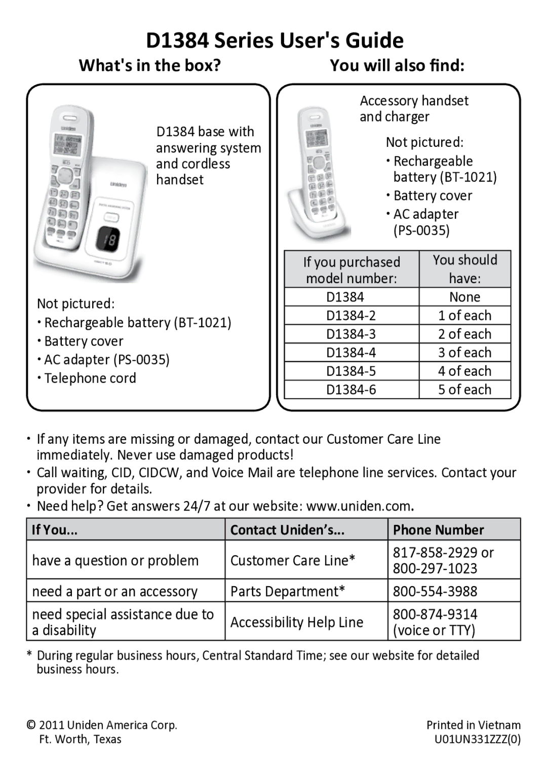 Uniden D13842BK manual D1384 Series Users Guide, If You Contact Uniden’s Phone Number 