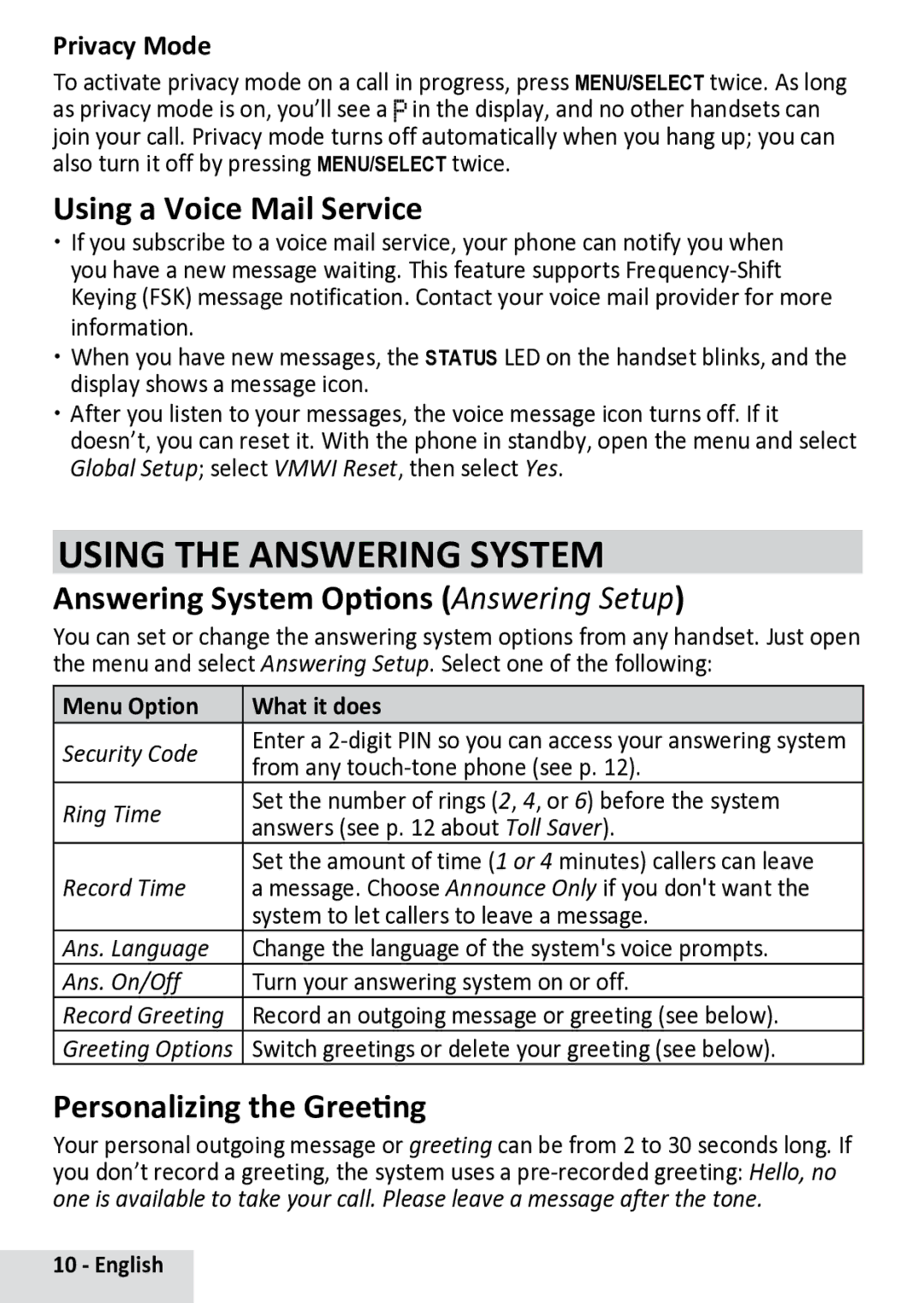 Uniden D13842BK manual Using the Answering System, Using a Voice Mail Service, Answering System Options Answering Setup 