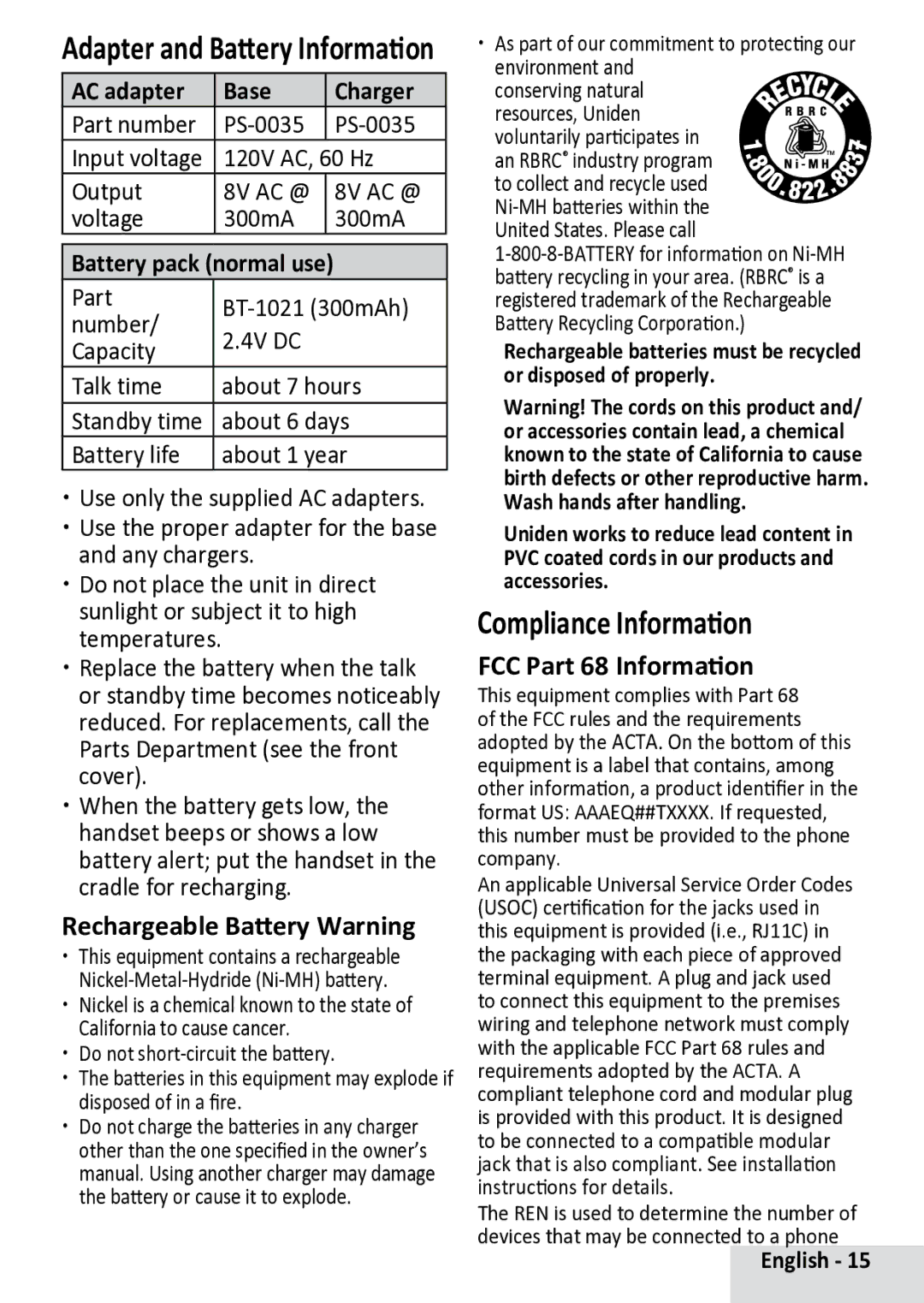 Uniden D13842BK manual Compliance Information, Adapter and Battery Information, Rechargeable Battery Warning 