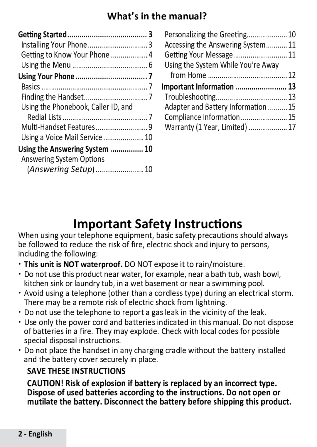 Uniden D13842BK manual Important Safety Instructions, English 