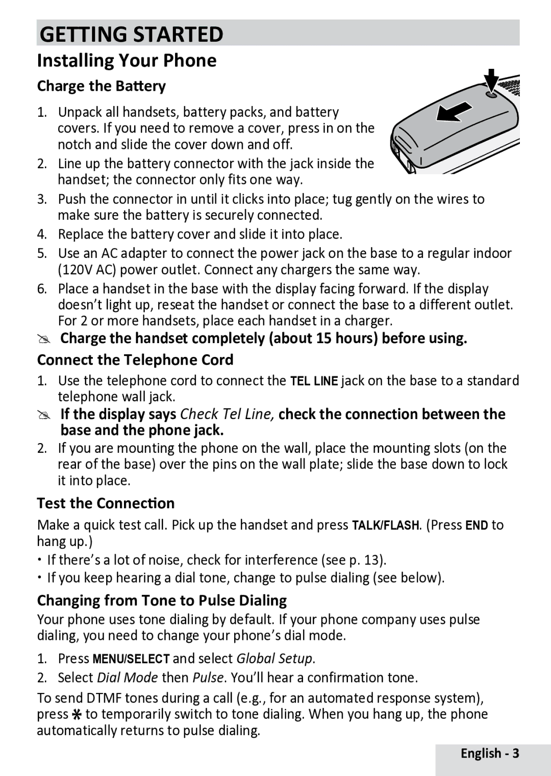 Uniden D13842BK manual Getting Started, Installing Your Phone, Charge the Battery, Test the Connection 