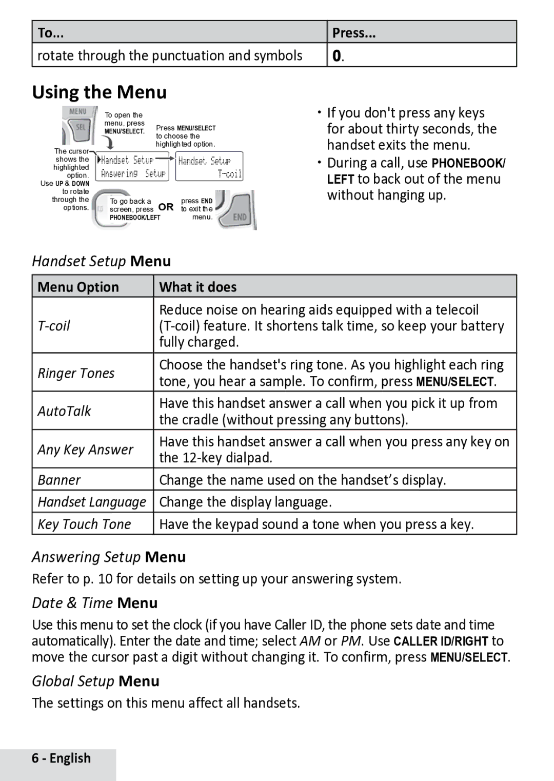 Uniden D13842BK manual Using the Menu, Menu Option What it does 