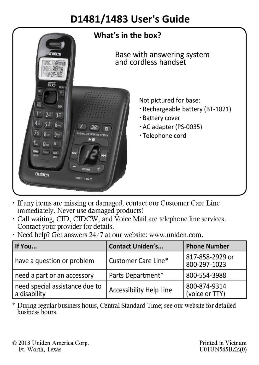 Uniden D1483 manual D1481/1483 Users Guide, If You Contact Uniden’s Phone Number 