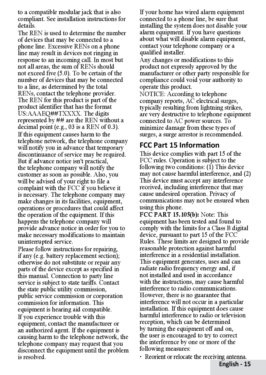 Uniden D1481, D1483 manual FCC Part 15 Information 