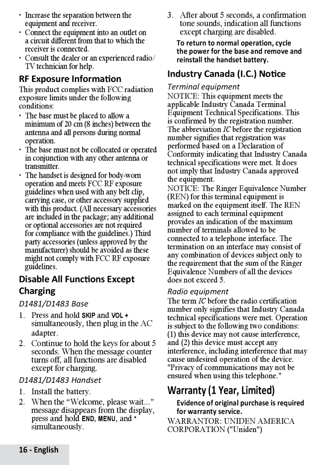 Uniden D1483, D1481 manual Warranty 1 Year, Limited, RF Exposure Information, Disable All Functions Except Charging 