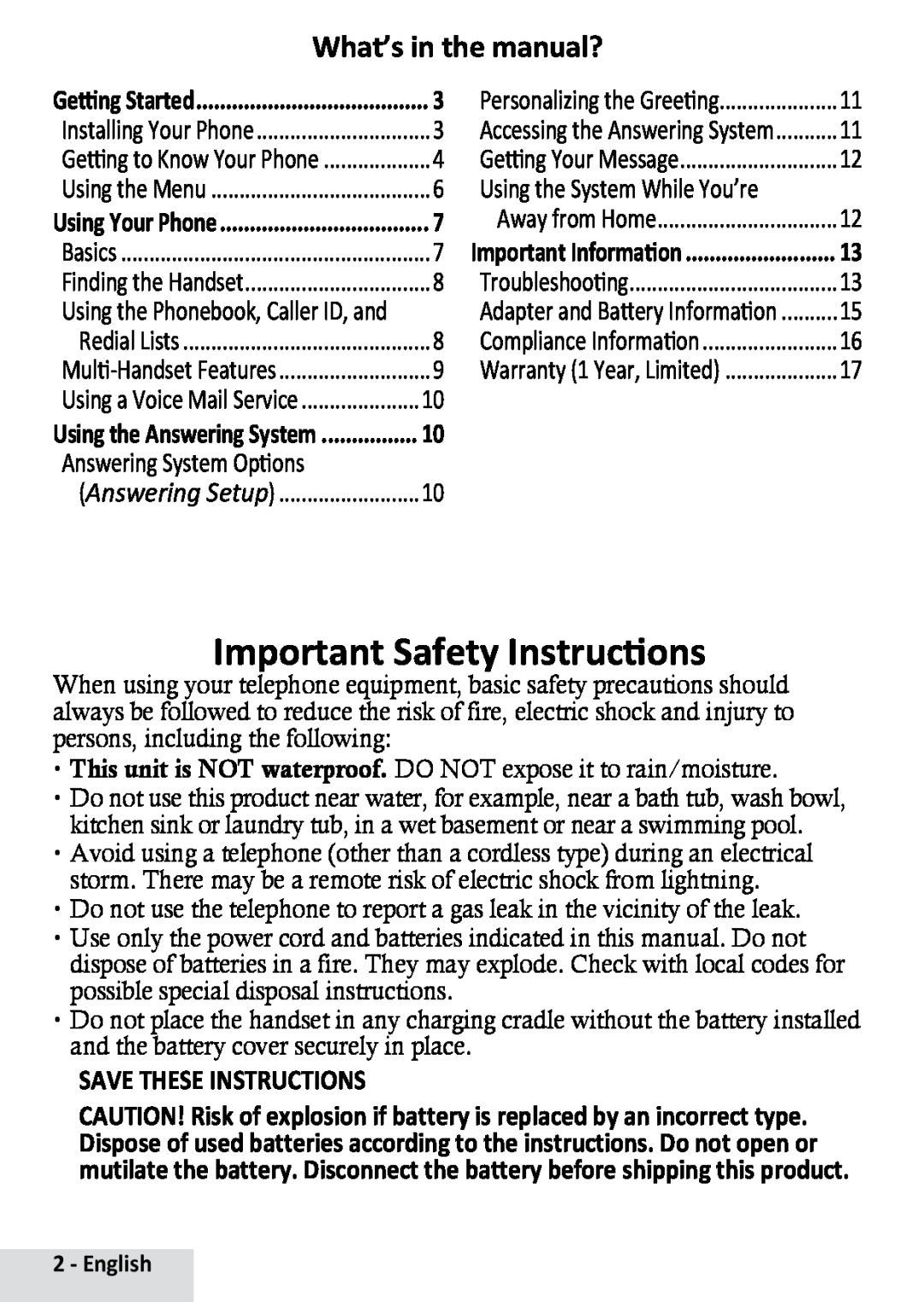 Uniden D1484-4 Important Safety Instructions, What’s in the manual?, Answering System Options, Save These Instructions 