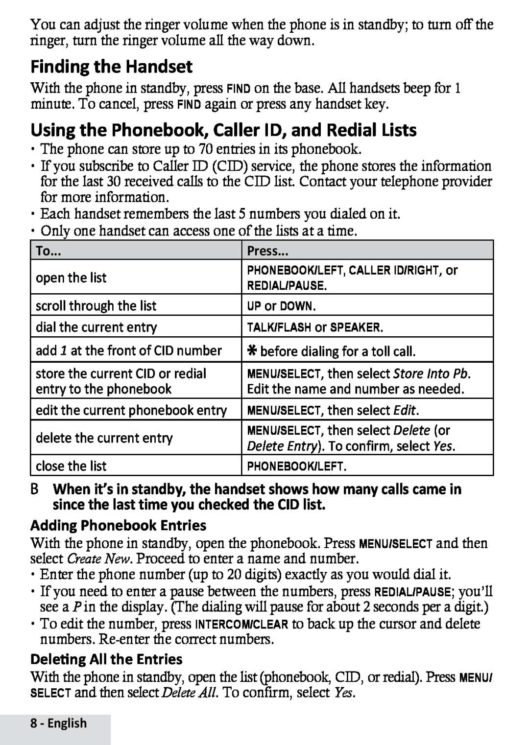 Uniden D1484-3 Finding the Handset, Using the Phonebook, Caller ID, and Redial Lists, Adding Phonebook Entries, English 