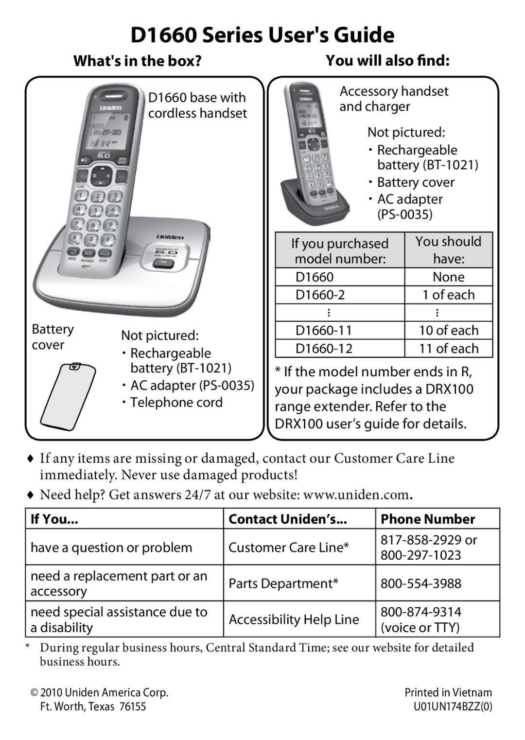 Uniden manual D1660 Series Users Guide, Whats in the box?, You will also find, If You Contact Uniden’s Phone Number 