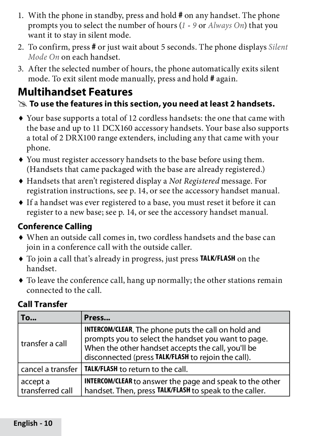 Uniden D1660 manual Multihandset Features, Conference Calling, Call Transfer Press 