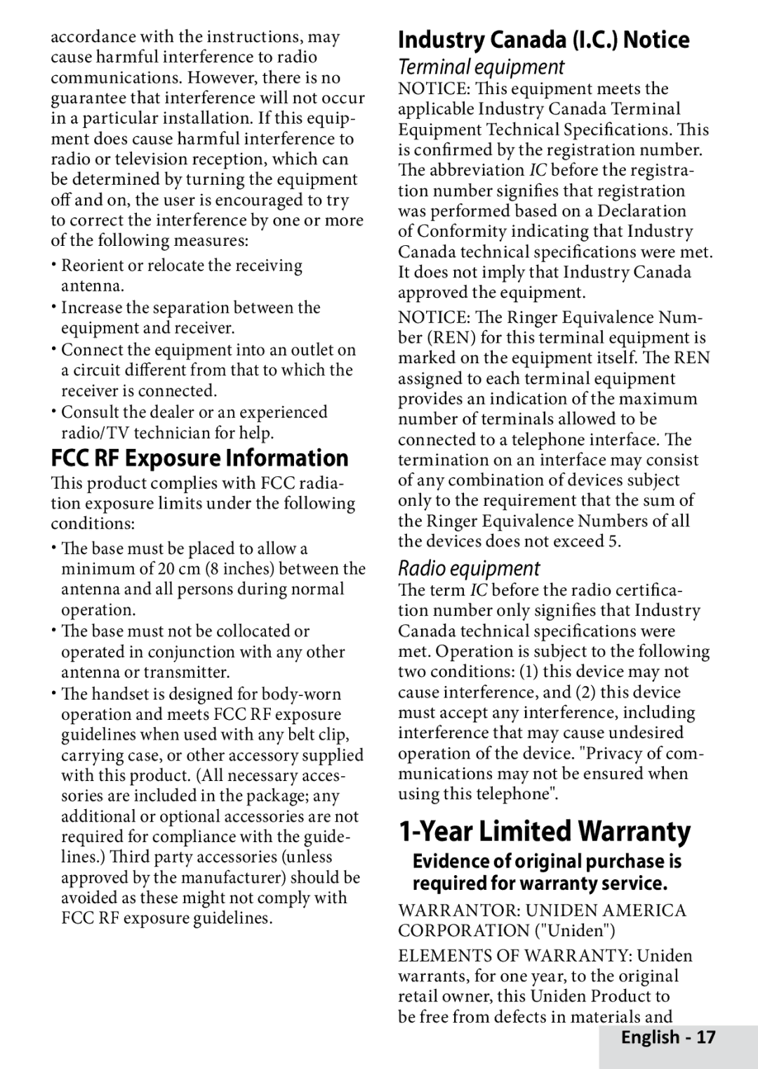 Uniden D1660 manual Industry Canada I.C. Notice, FCC RF Exposure Information 