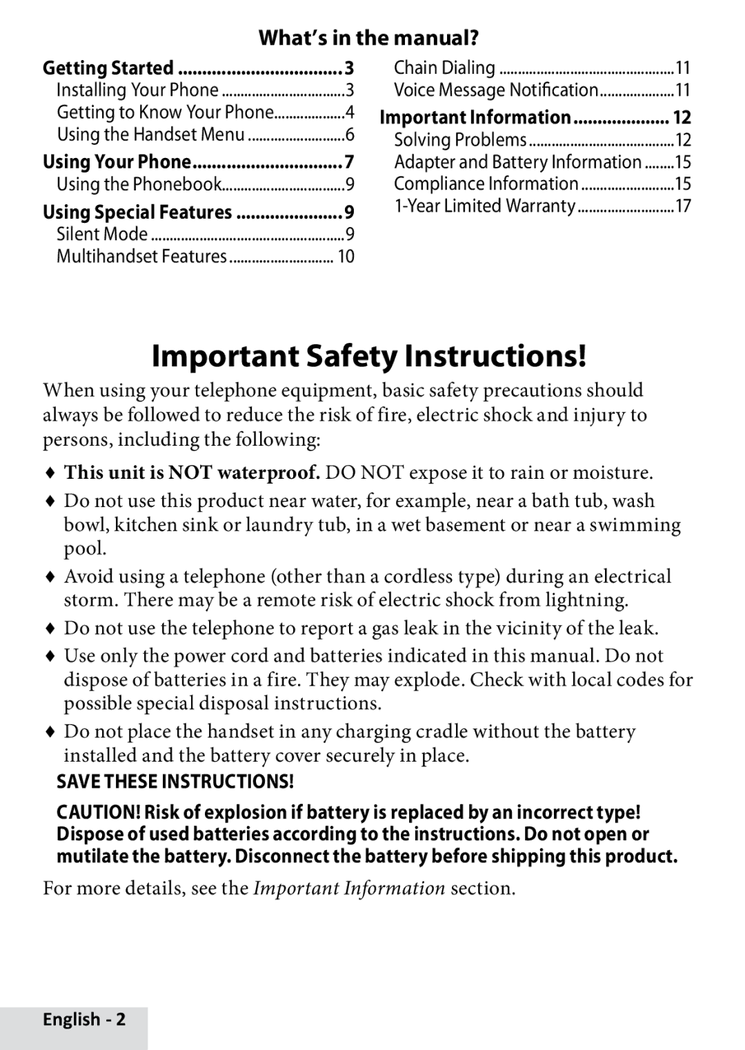 Uniden D1660 Important Safety Instructions, What’s in the manual? 