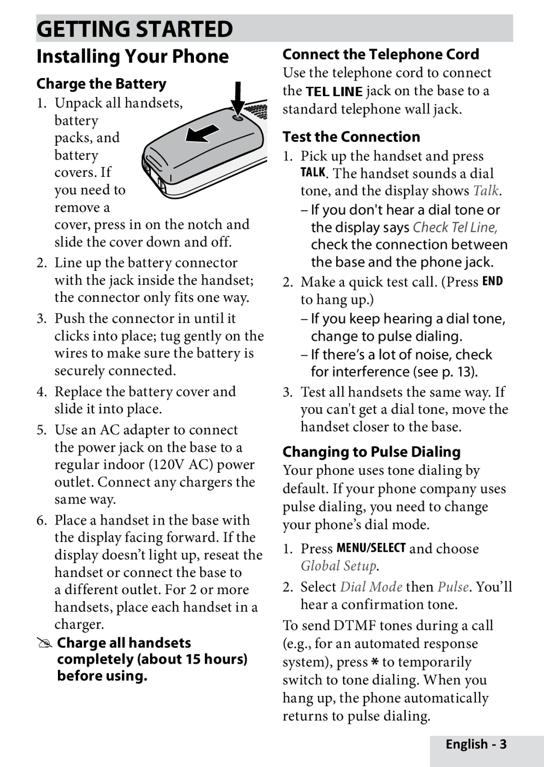 Uniden D1660 Getting Started, Installing Your Phone, Charge the Battery, Test the Connection, Changing to Pulse Dialing 