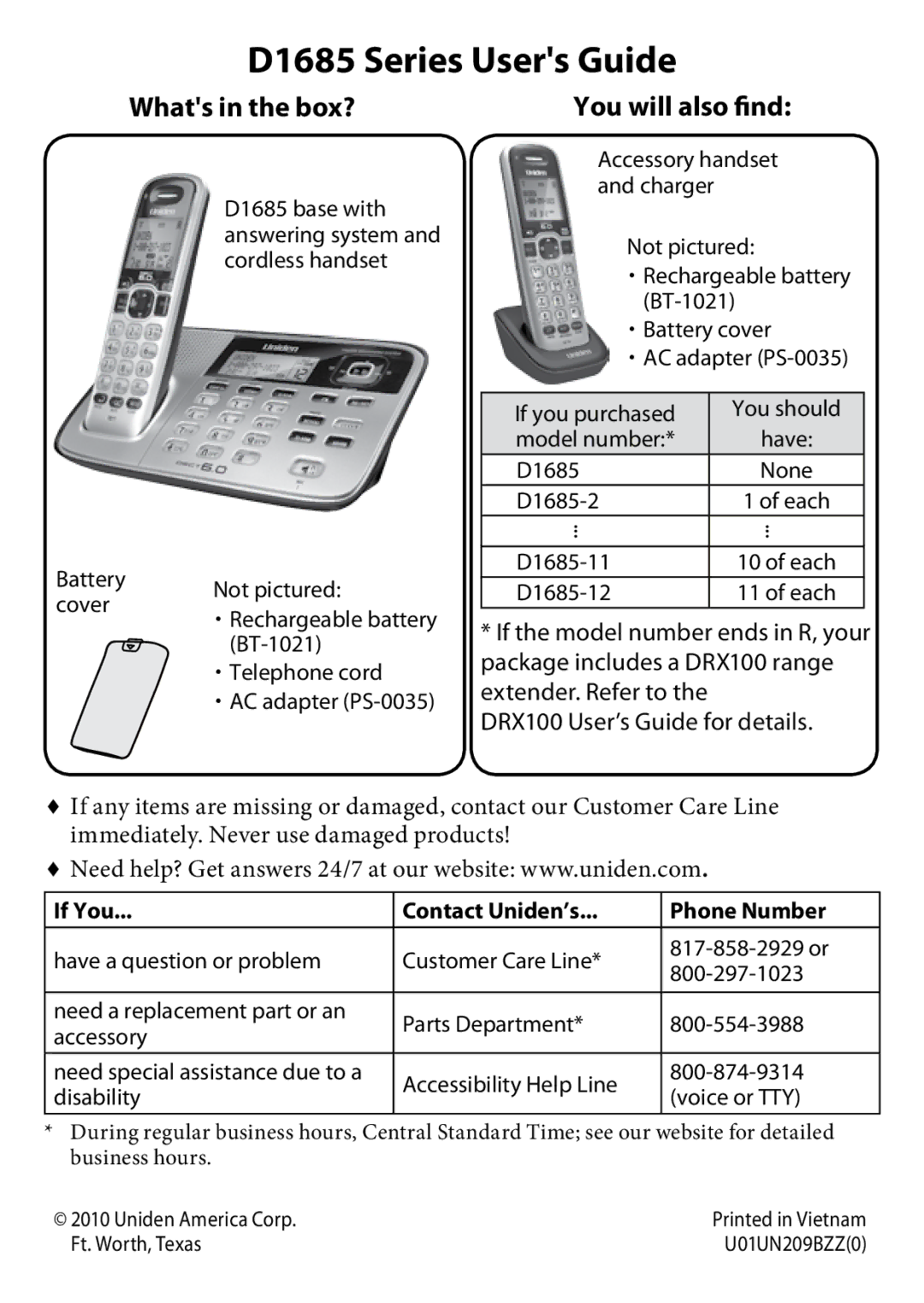 Uniden manual D1685 Series Users Guide, Whats in the box?, You will also find, If You Contact Uniden’s Phone Number 