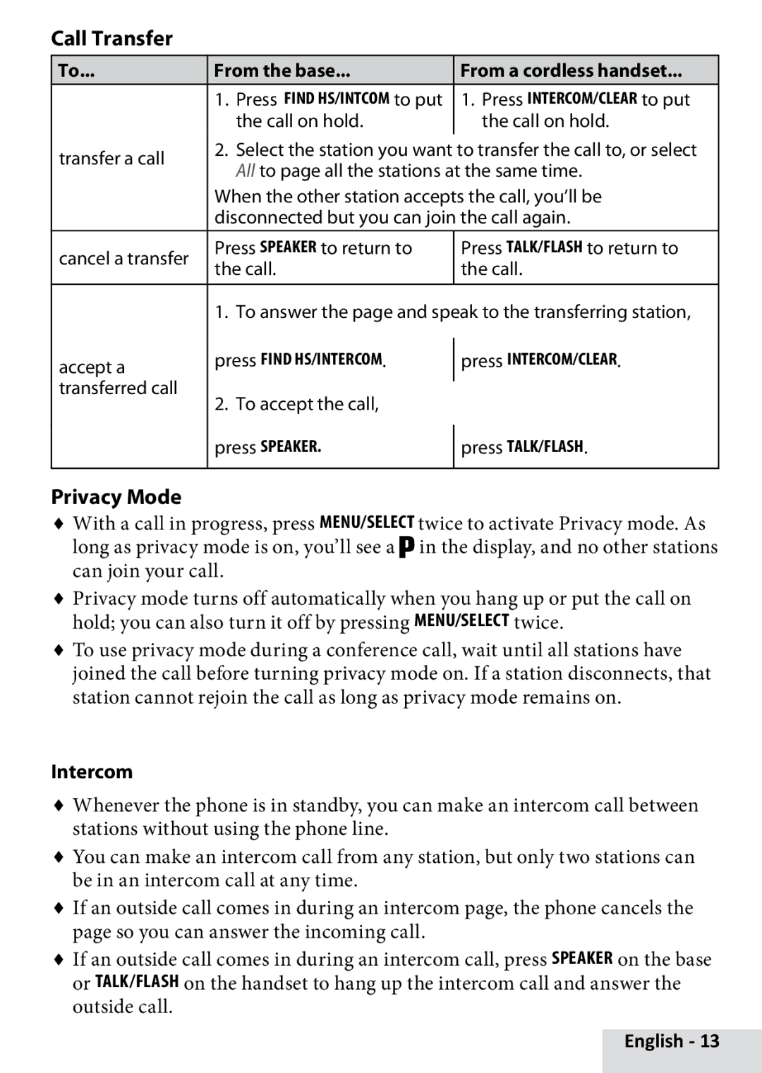 Uniden D1685 manual Call Transfer, Privacy Mode, Intercom, From the base From a cordless handset 