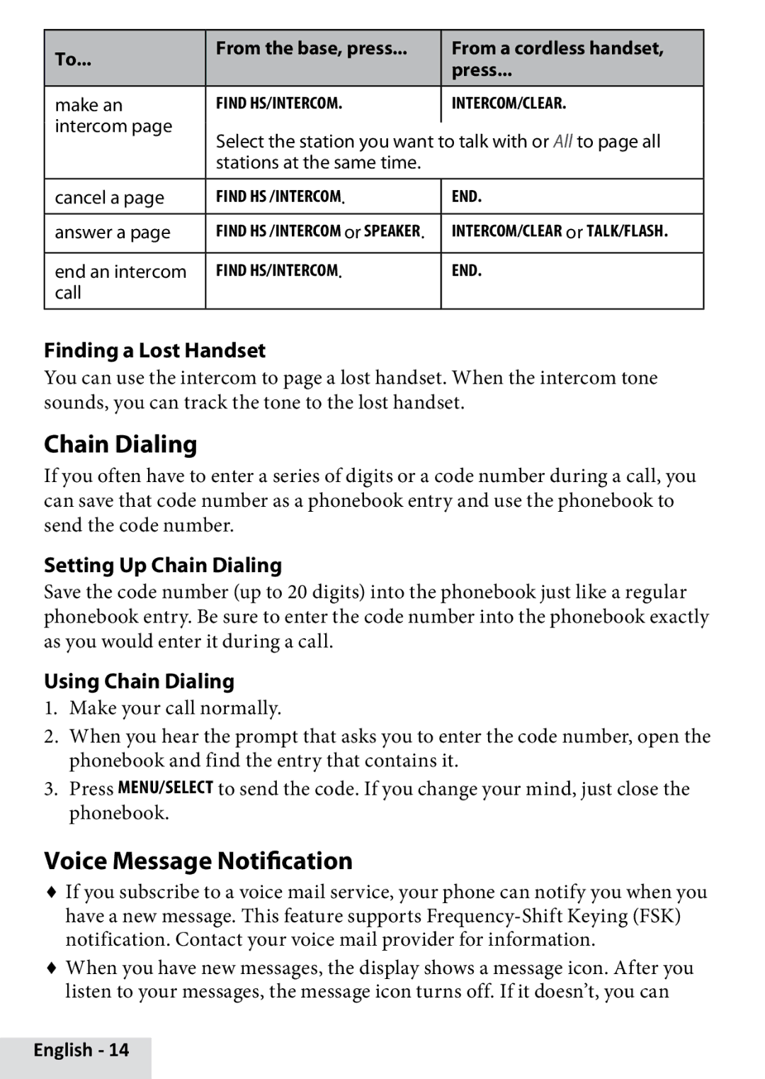 Uniden D1685 manual Voice Message Notification, Finding a Lost Handset, Setting Up Chain Dialing, Using Chain Dialing 