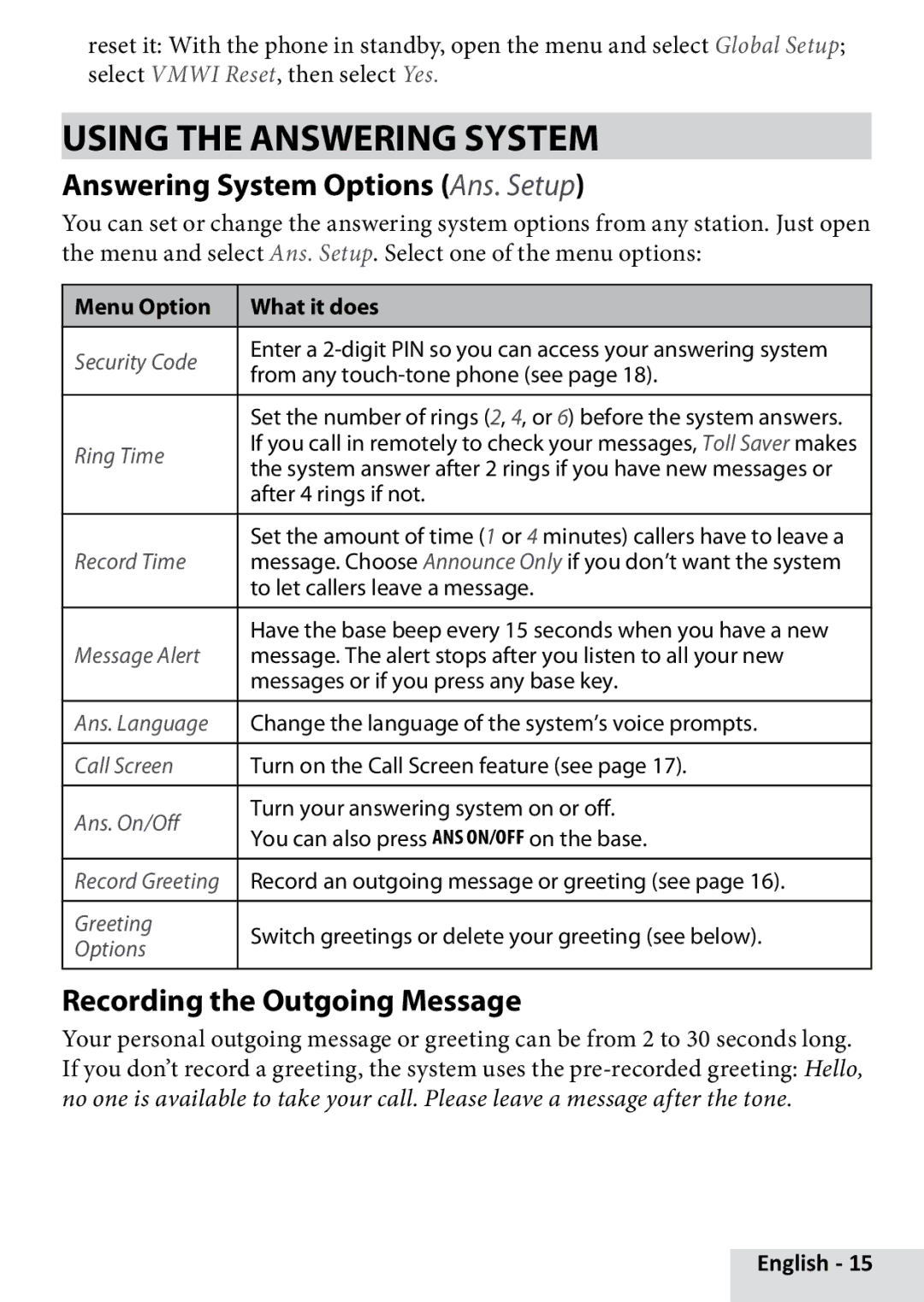 Uniden D1685 manual Using the Answering System, Answering System Options Ans. Setup, Recording the Outgoing Message 