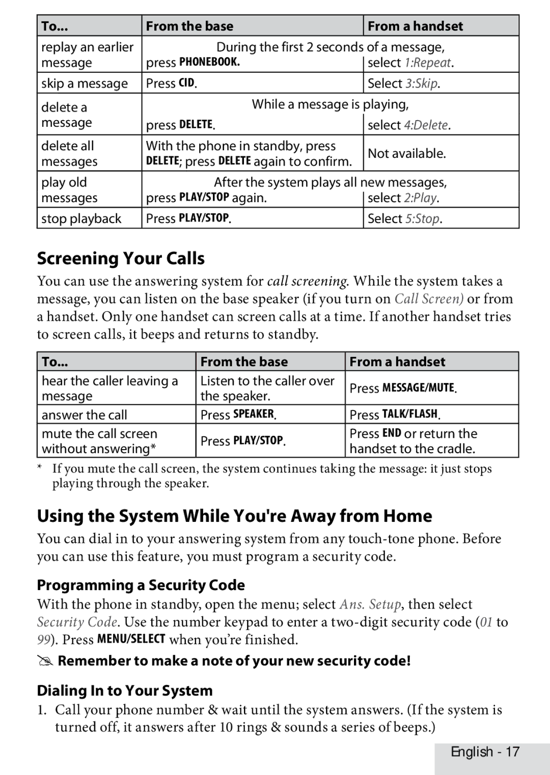 Uniden D1685 manual Screening Your Calls, Using the System While Youre Away from Home, Programming a Security Code 