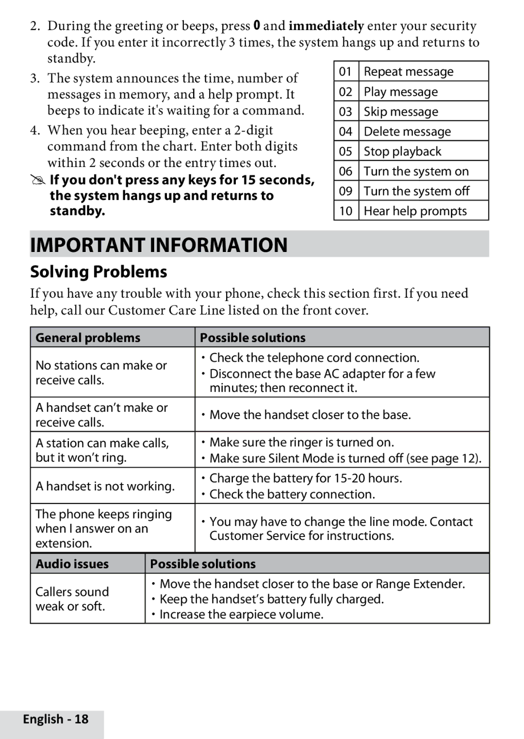 Uniden D1685 manual Important Information, Solving Problems, System hangs up and returns to, Standby 