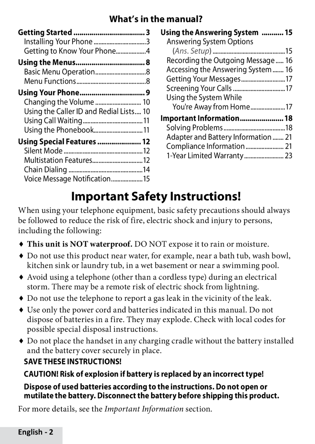 Uniden D1685 Important Safety Instructions, What’s in the manual? 