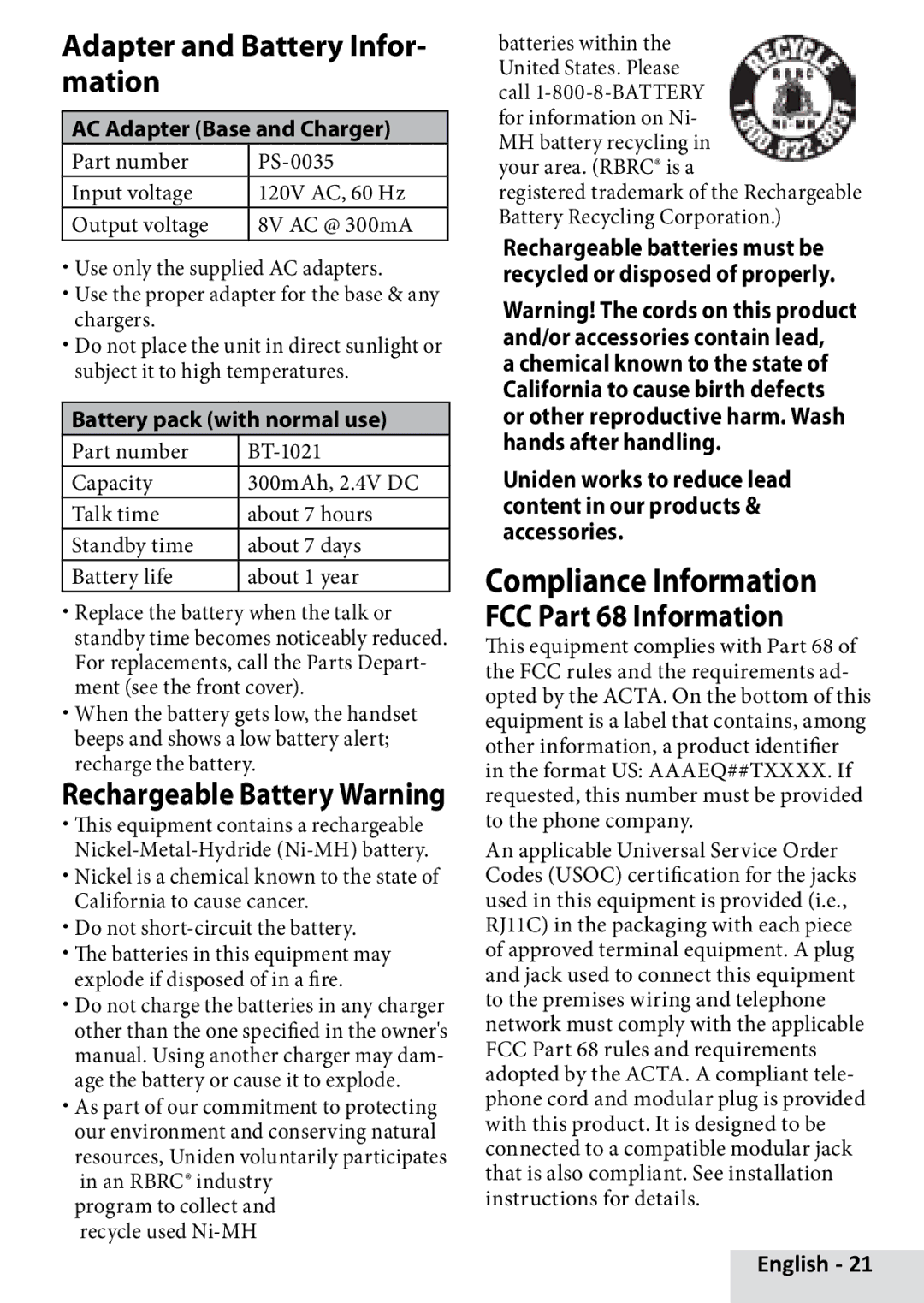 Uniden D1685 manual Adapter and Battery Infor- mation, FCC Part 68 Information, Rechargeable Battery Warning 