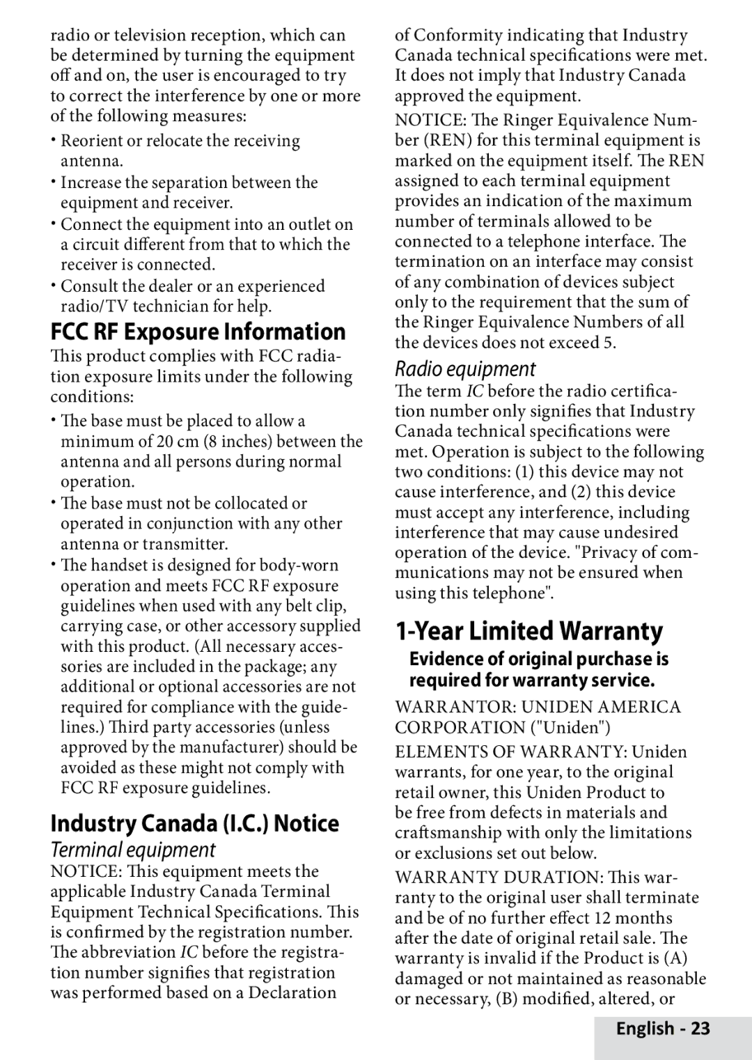 Uniden D1685 manual Industry Canada I.C. Notice, FCC RF Exposure Information 