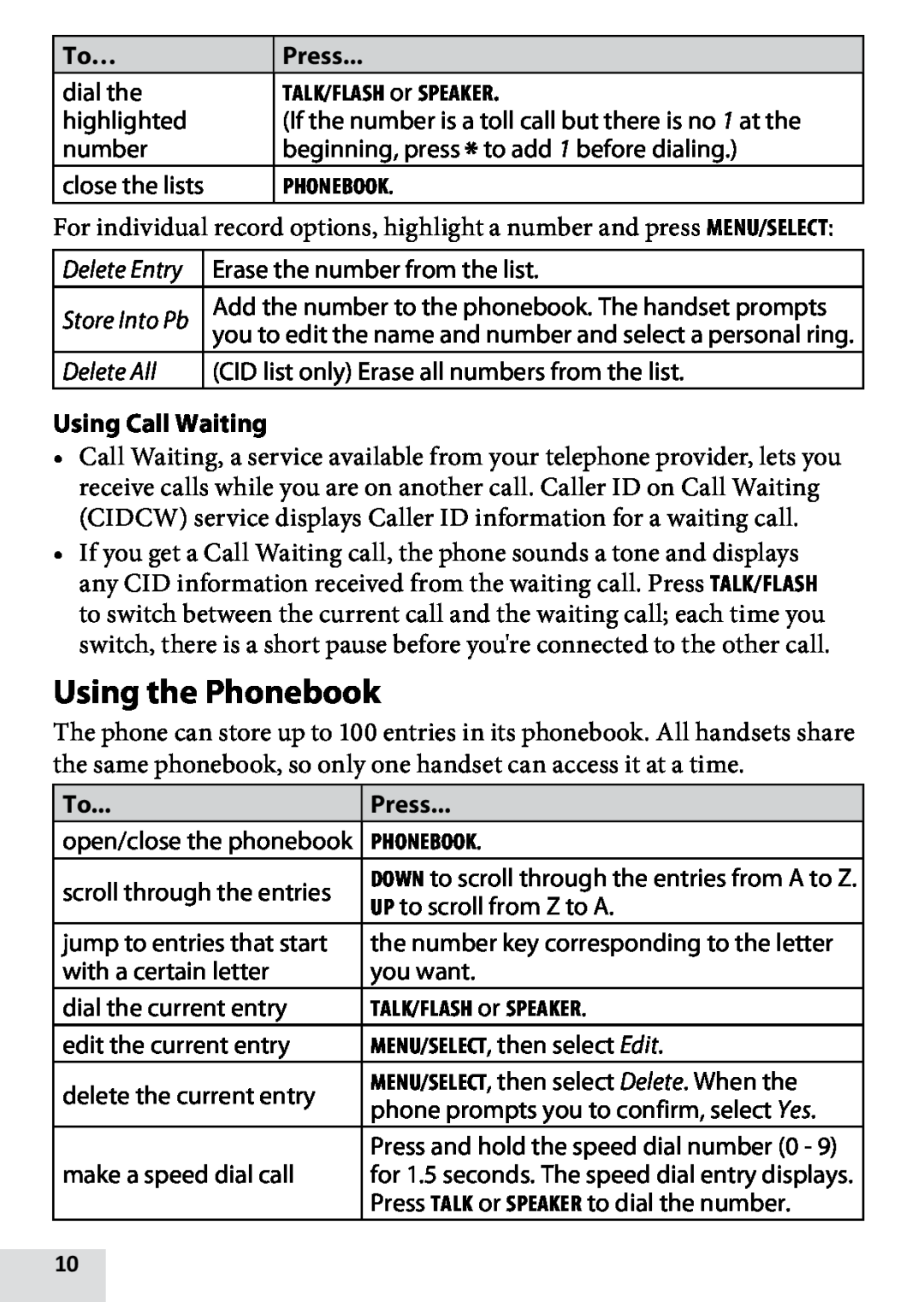 Uniden D1760-12, DRX100, D1760-2, D1760-11 owner manual Using the Phonebook, Using Call Waiting, Press 