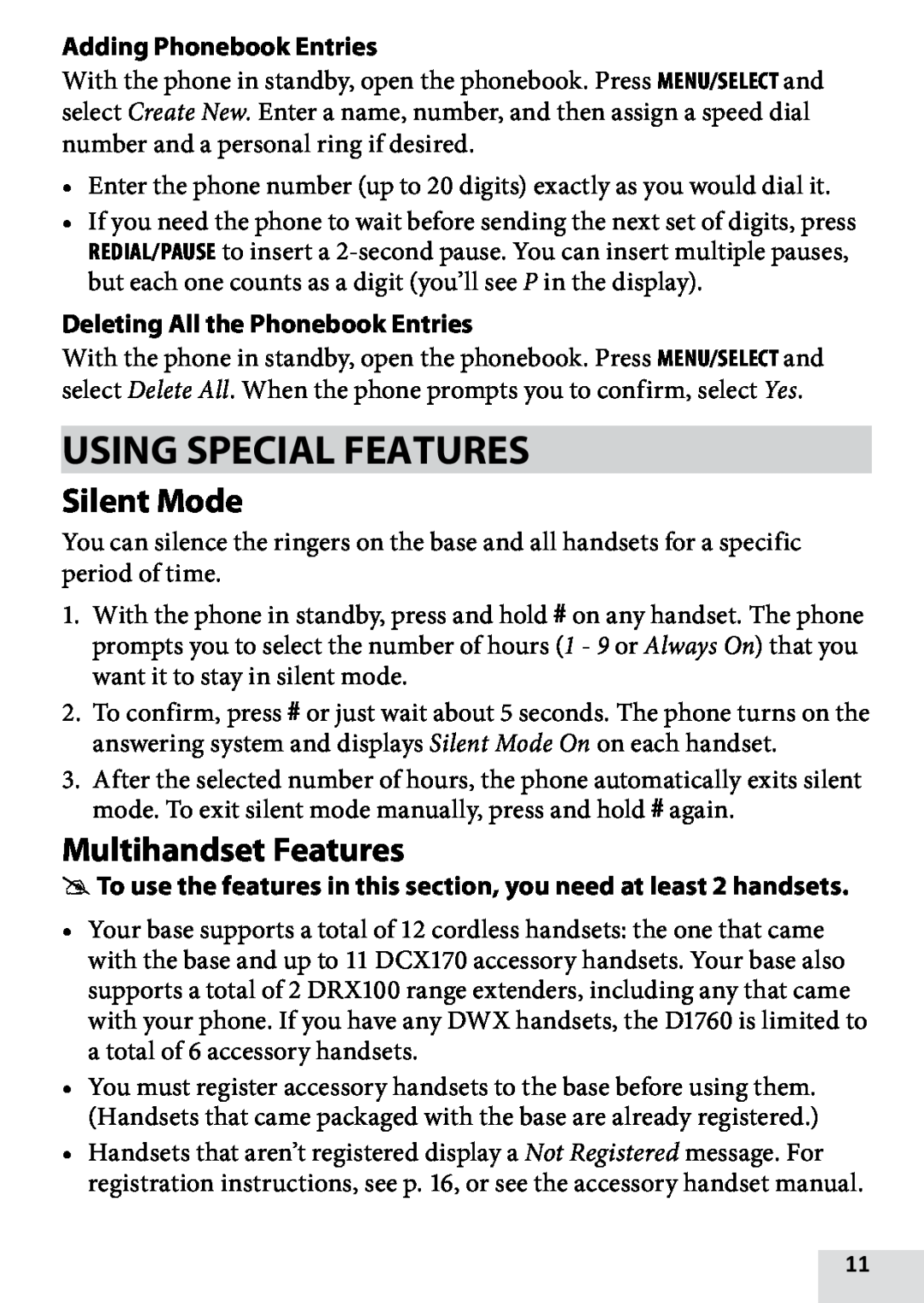 Uniden D1760-12, DRX100, D1760-2 Using Special Features, Silent Mode, Multihandset Features, Adding Phonebook Entries 