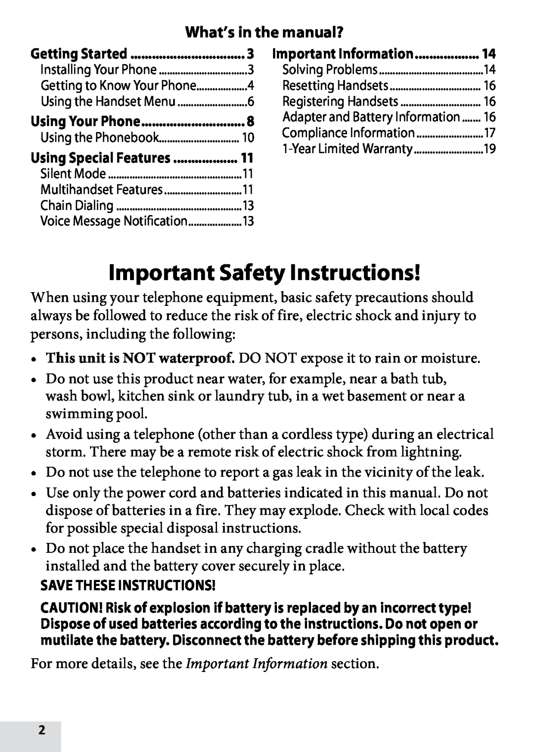 Uniden DRX100, D1760-12, D1760-2, D1760-11 Important Safety Instructions, What’s in the manual?, Save These Instructions 