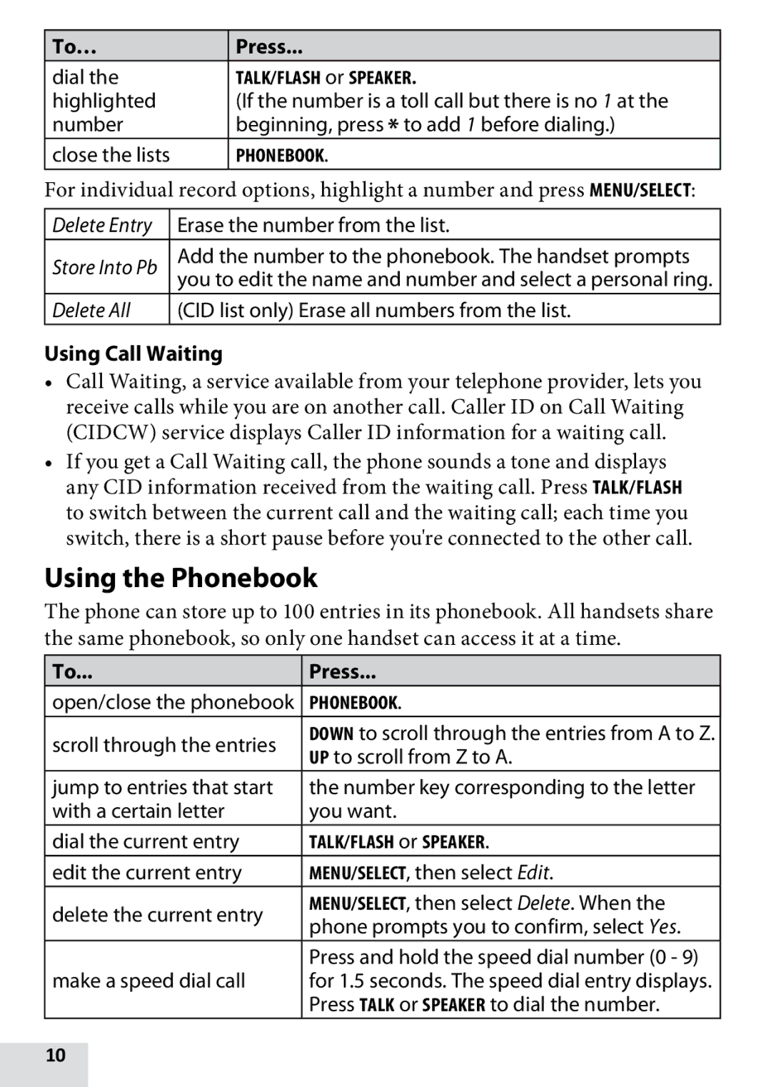 Uniden D1760-12, DRX100, D1760-2, D1760-11 owner manual Using the Phonebook, Using Call Waiting 