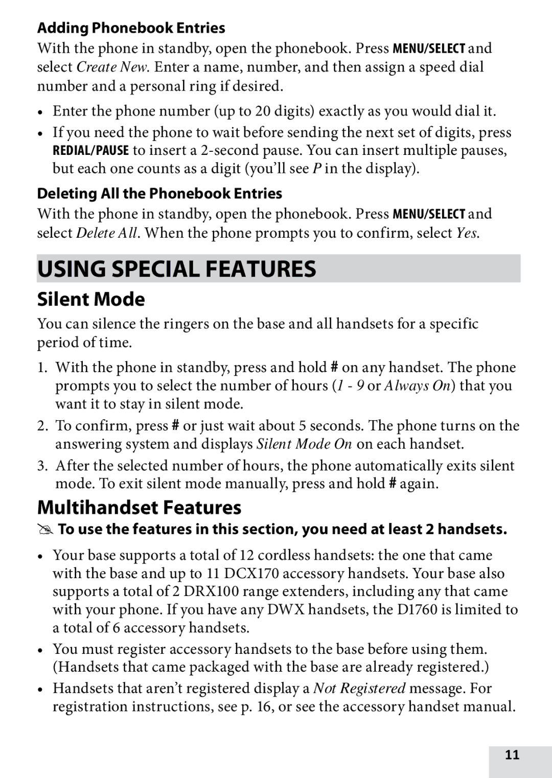 Uniden D1760-12, DRX100, D1760-2 Using Special Features, Silent Mode, Multihandset Features, Adding Phonebook Entries 