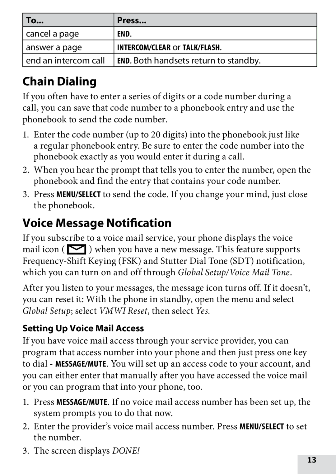 Uniden D1760-2, D1760-12, DRX100, D1760-11 Chain Dialing, Voice Message Notification, Setting Up Voice Mail Access 