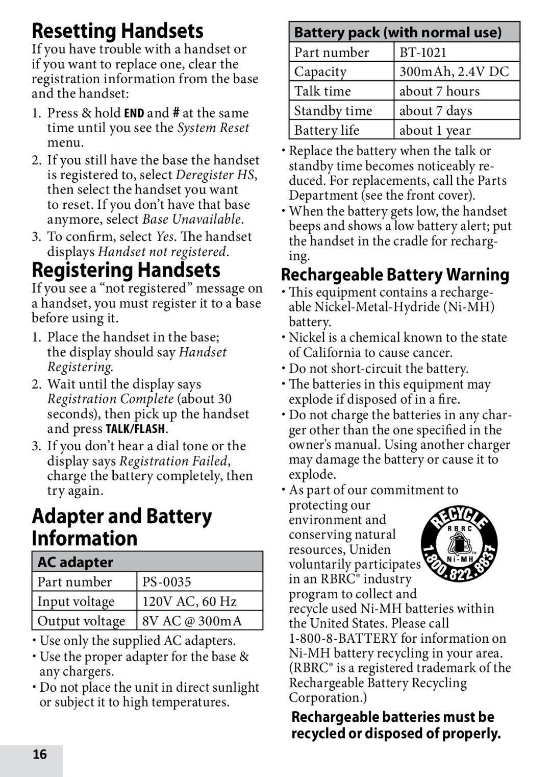 Uniden D1760-12, DRX100, D1760-2, D1760-11 owner manual AC adapter, Battery pack with normal use 