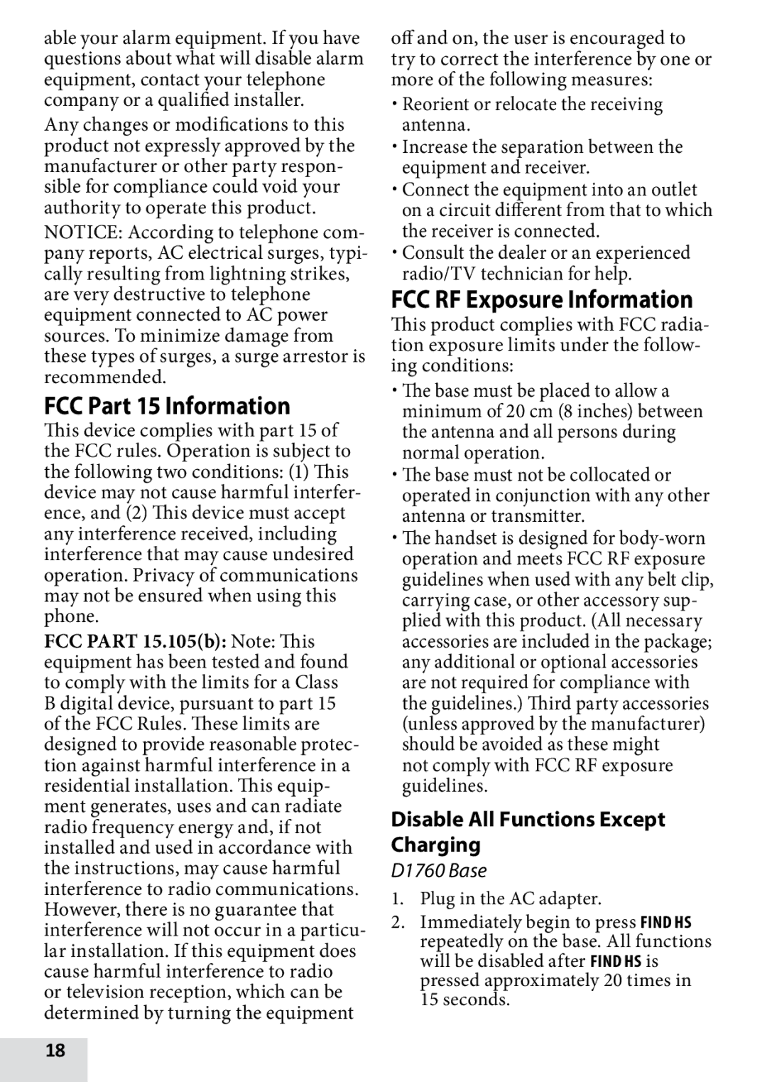 Uniden D1760-2, D1760-12 FCC Part 15 Information, FCC RF Exposure Information, Disable All Functions Except Charging 