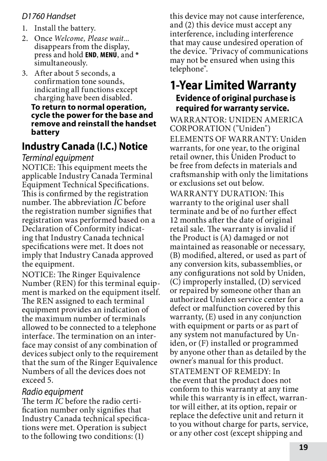 Uniden D1760-11, D1760-12, DRX100, D1760-2 owner manual Industry Canada I.C. Notice, D1760 Handset 